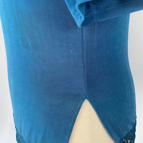 Vintage Top Size Large Blue Solid Lace Fringe Hem Boho Casual Stretch Y2K 90s - Picture 9 of 13